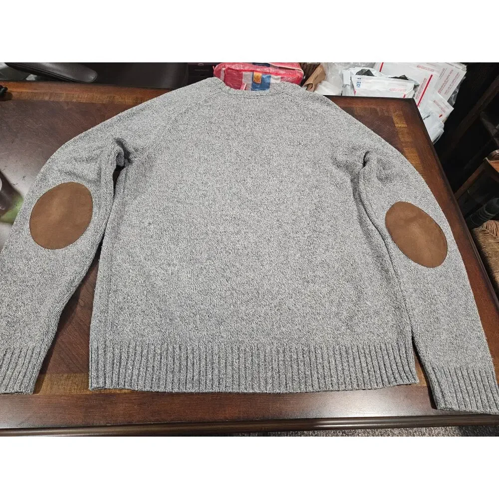 American Eagle Men’s Sweater L Gray Crewneck Elbow Patch Preppy Classic